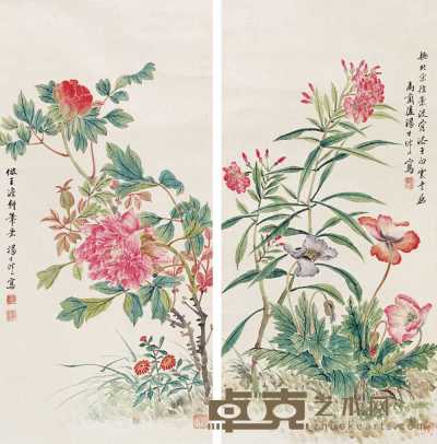 汤世时 花卉（二轴） 立轴 65×31cm×2